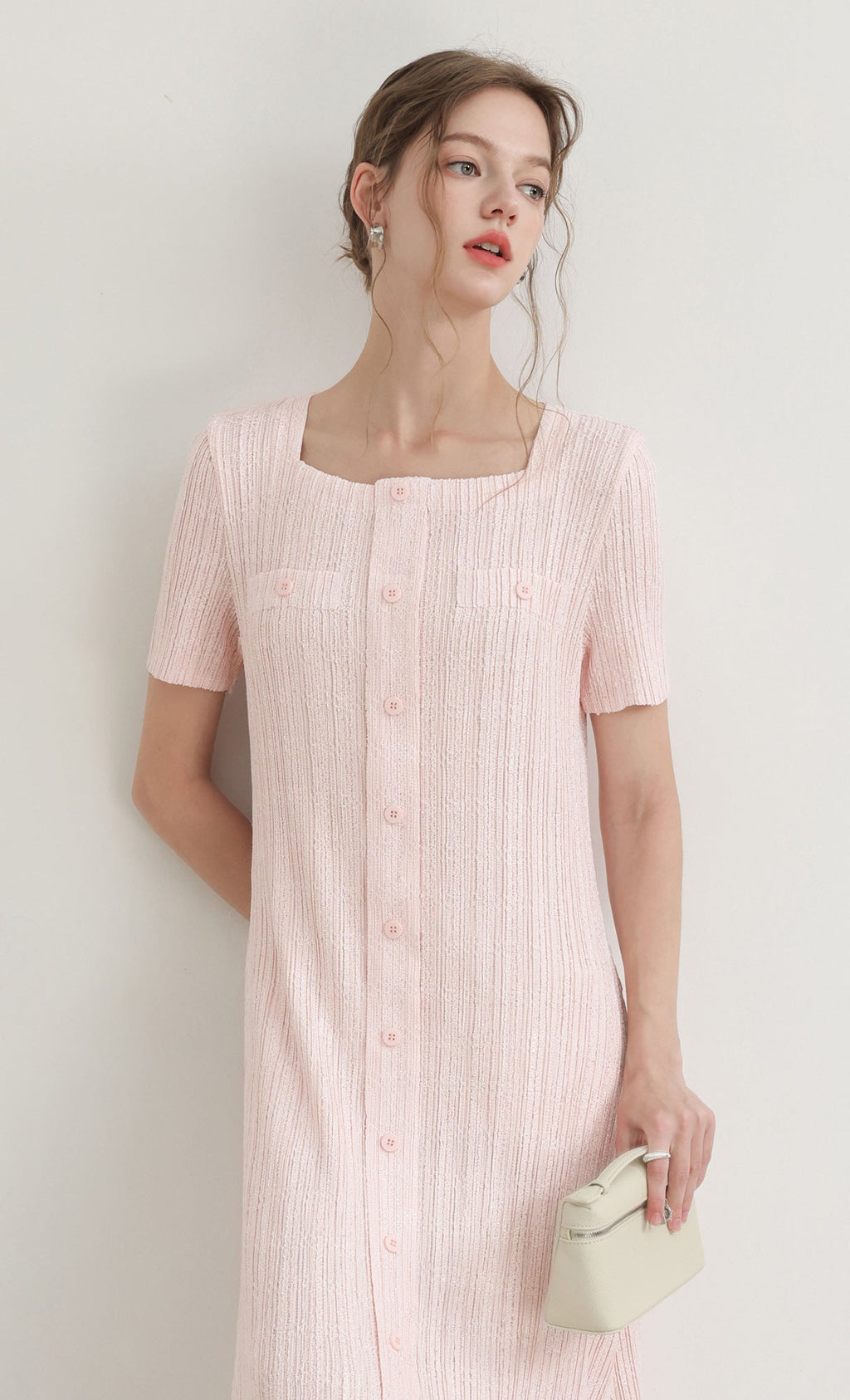 Tweed pleats square neck dress_pink
