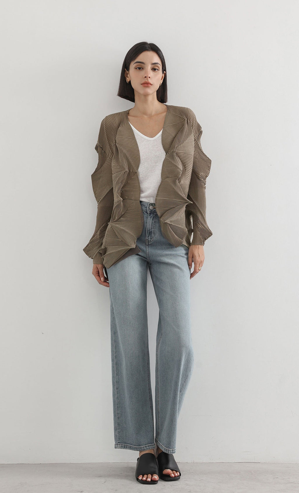 geo pleated jacket cardigan_brown