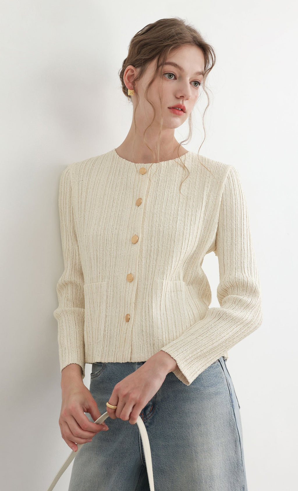 Tweed pleats cardigan jacket_ivory