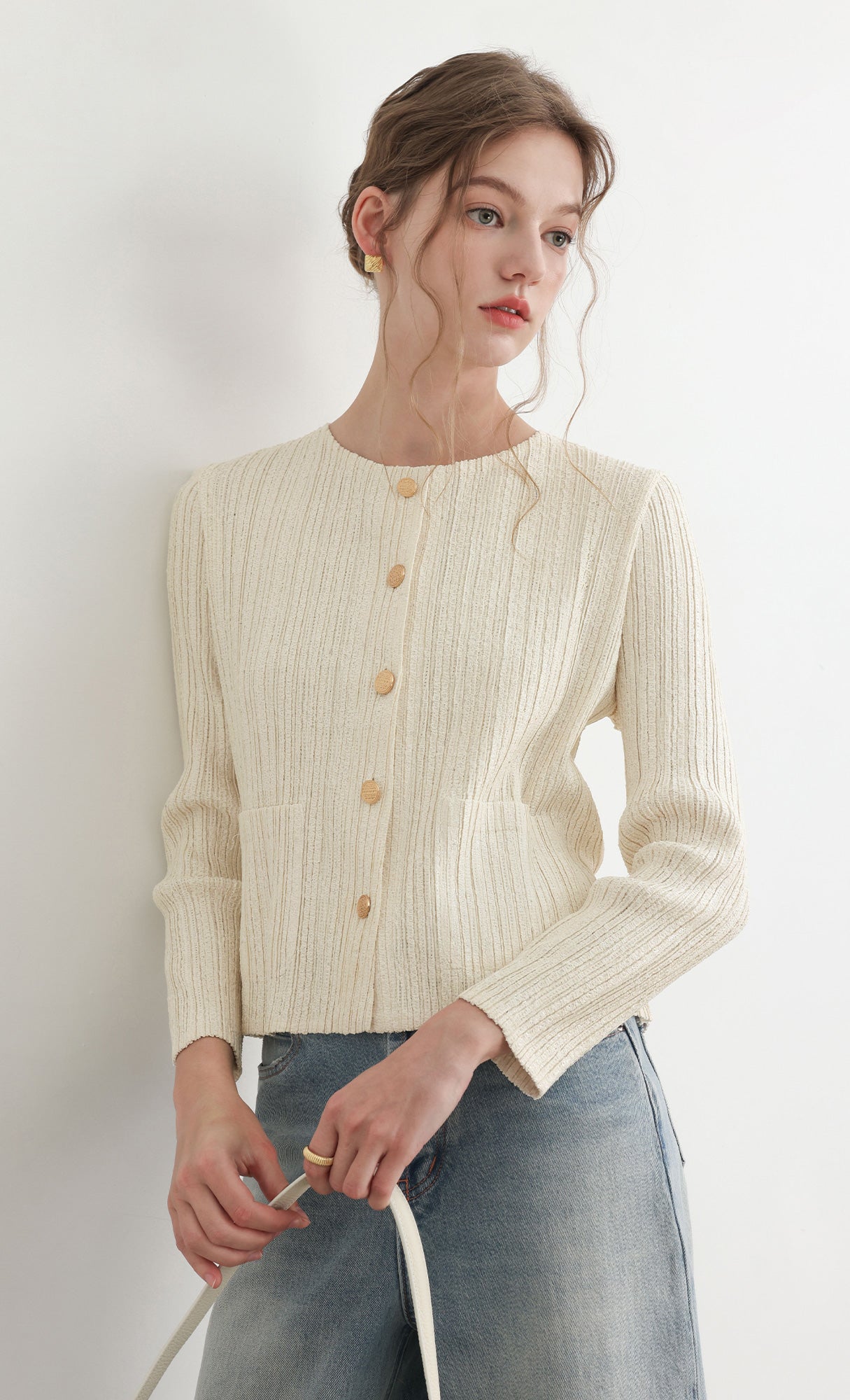 Tweed pleats cardigan jacket_ivory