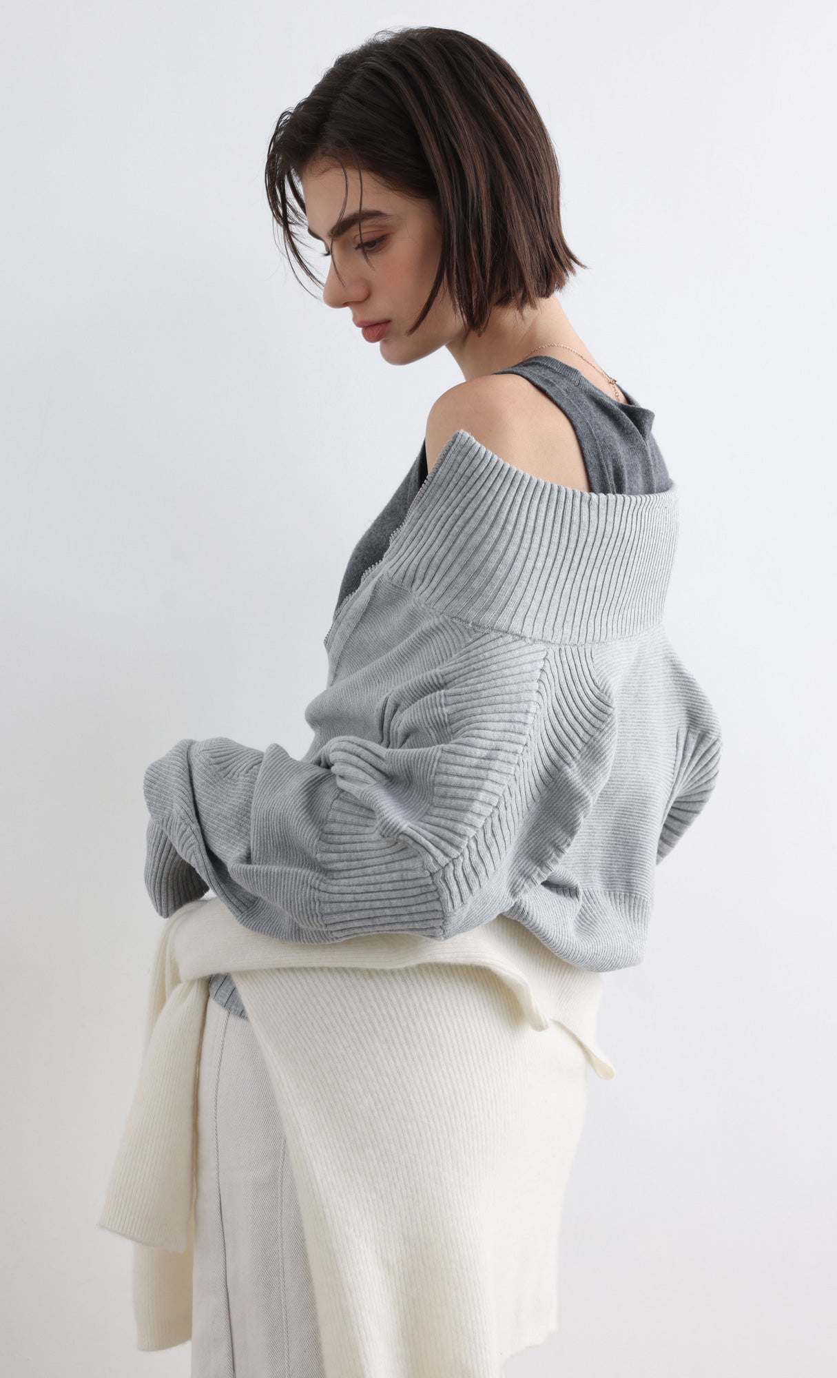 High Neck Knitted Pleated Zip-Up Cardigan_Grey