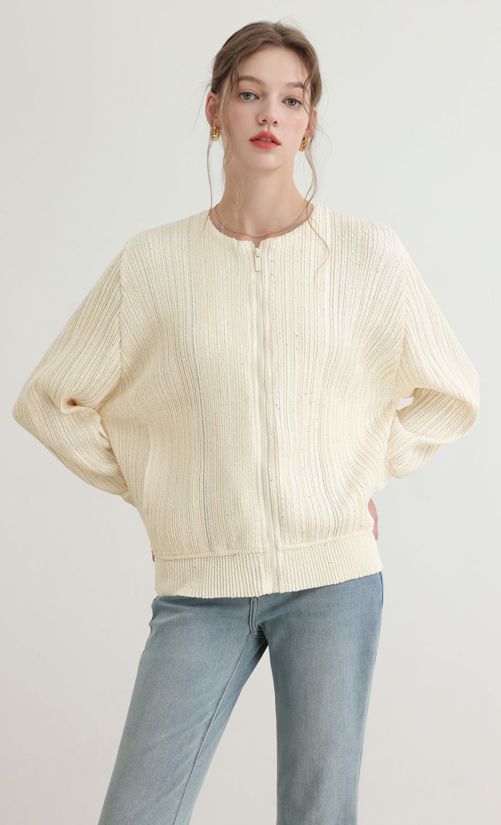 Tweed pleats blouson jumper_ivory
