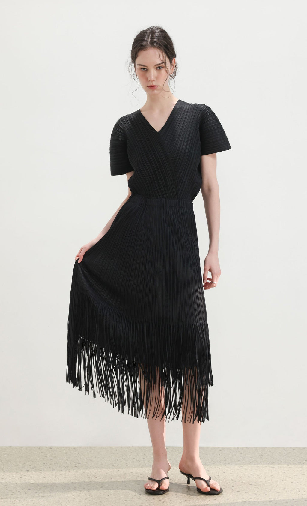 Fringe pleated skirt_black