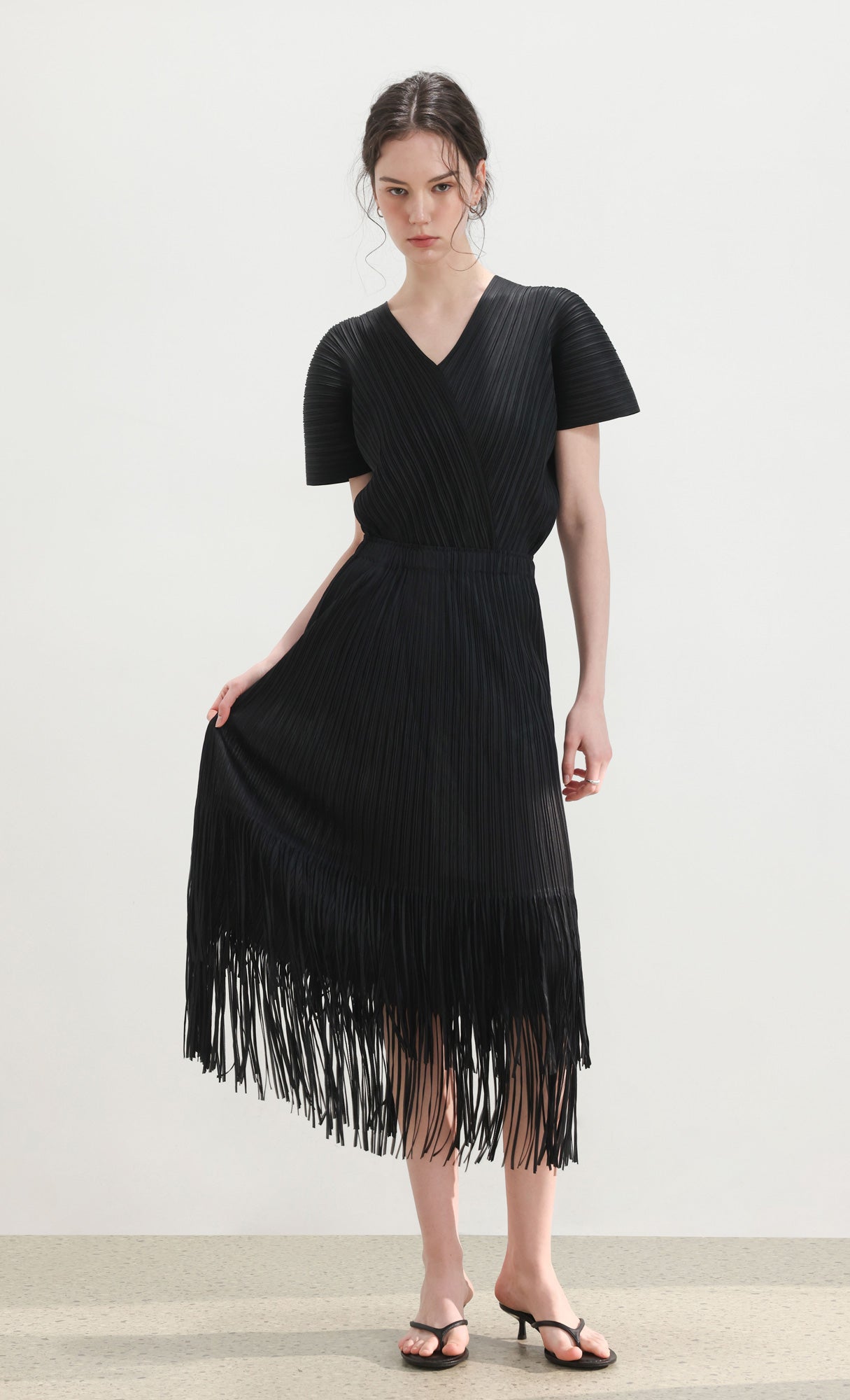 Fringe pleated skirt_black