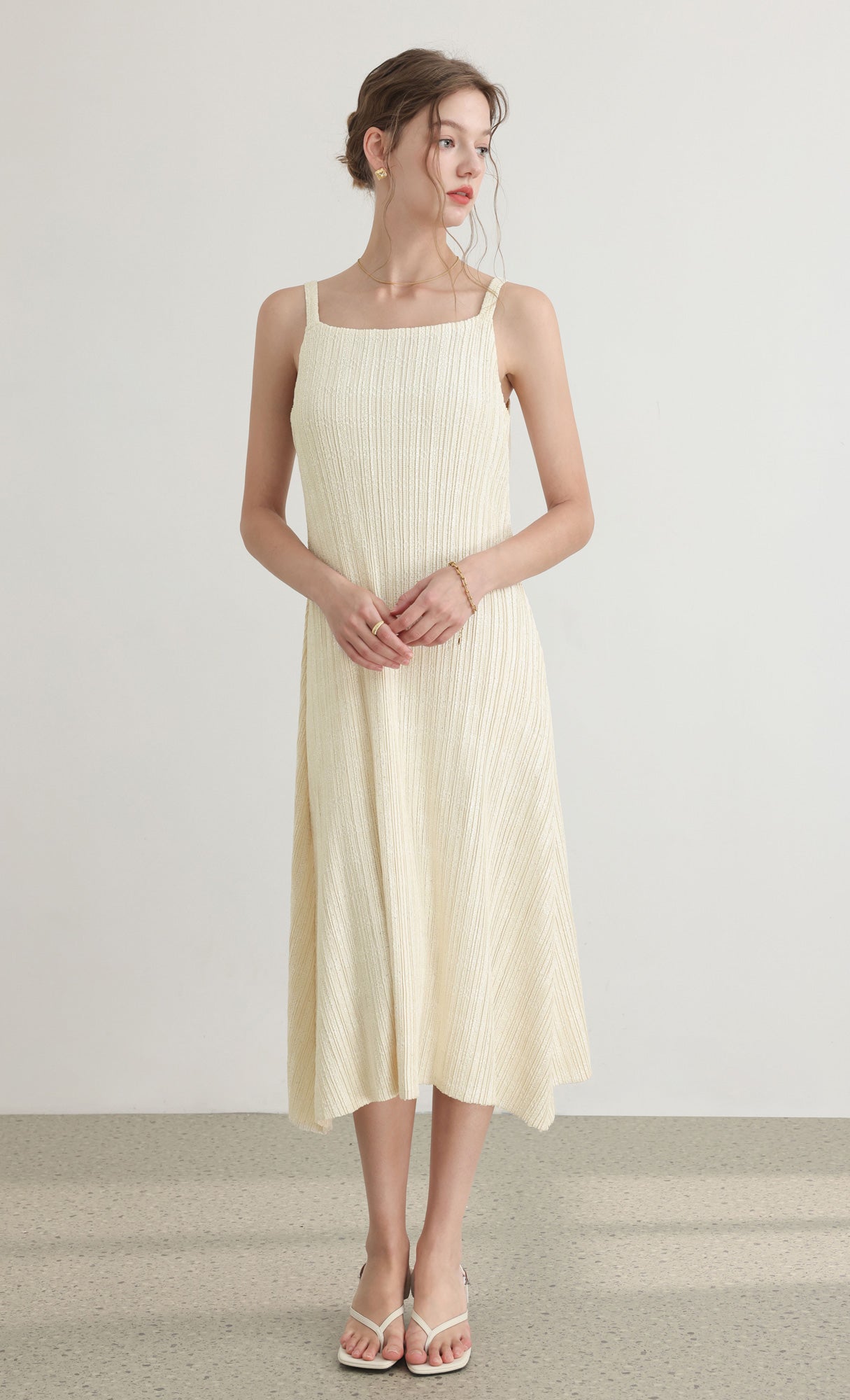 Tweed pleats sleveless flare dress_ivory