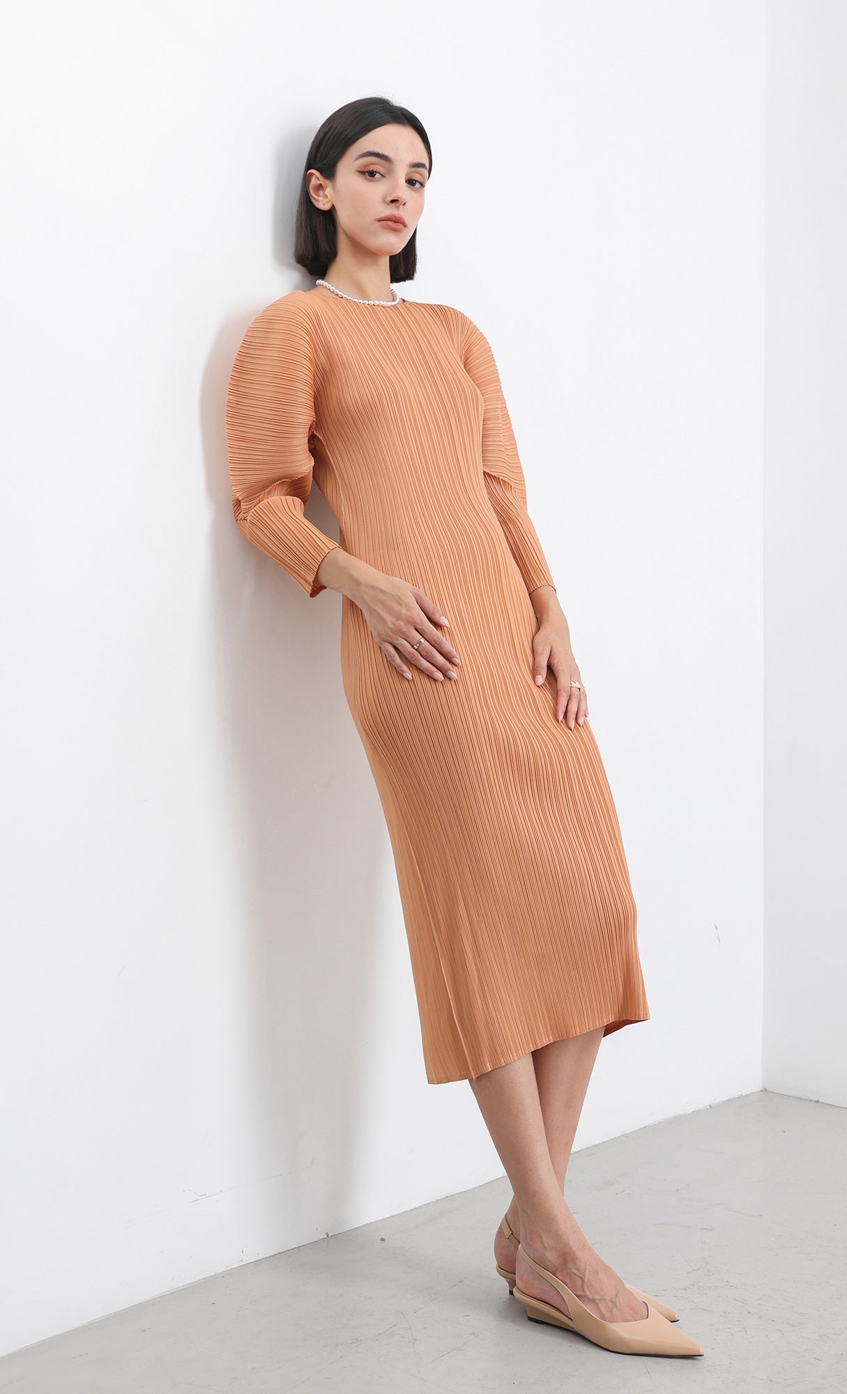 arc pleated dress_orange