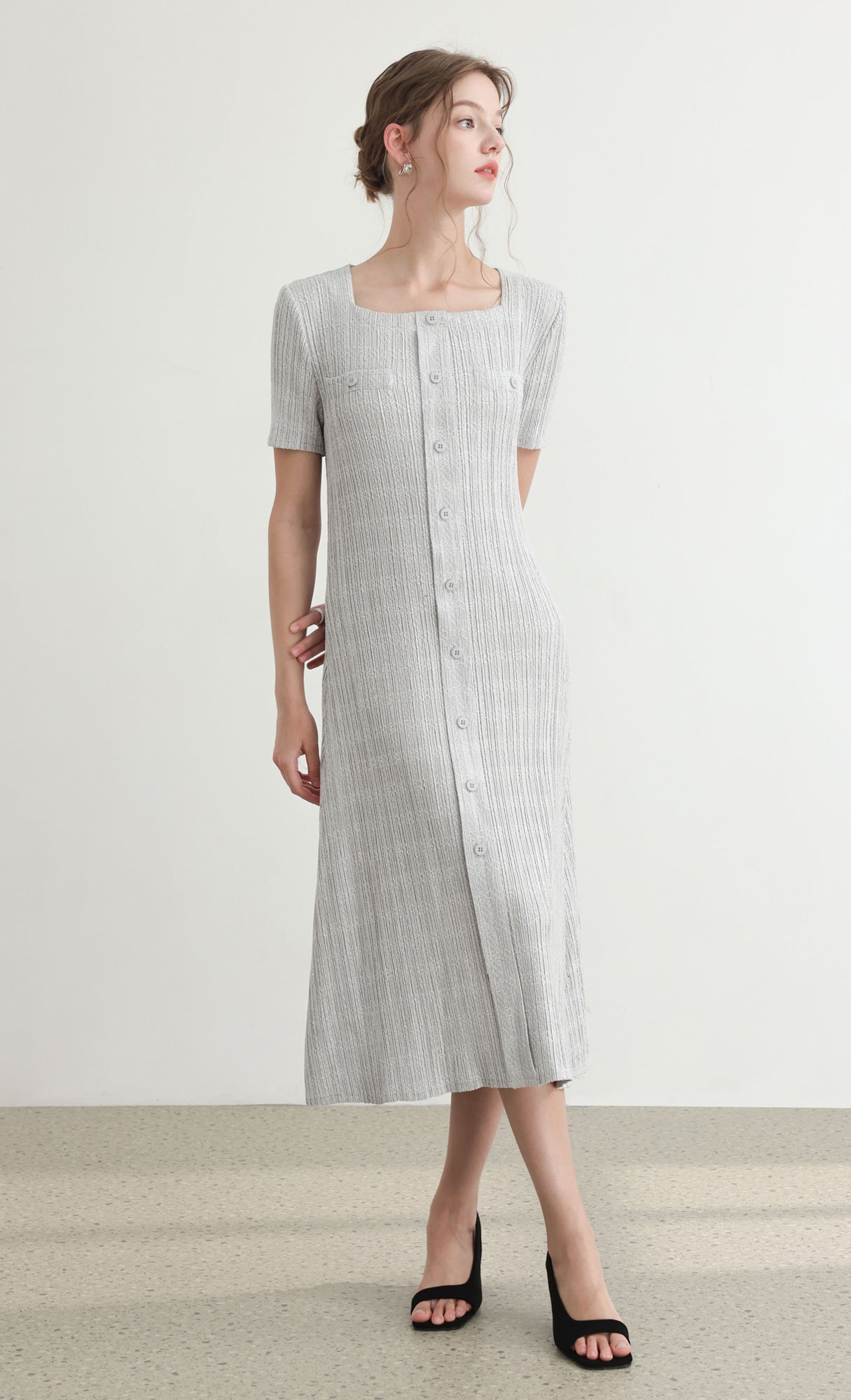 Tweed pleats square neck dress_grey