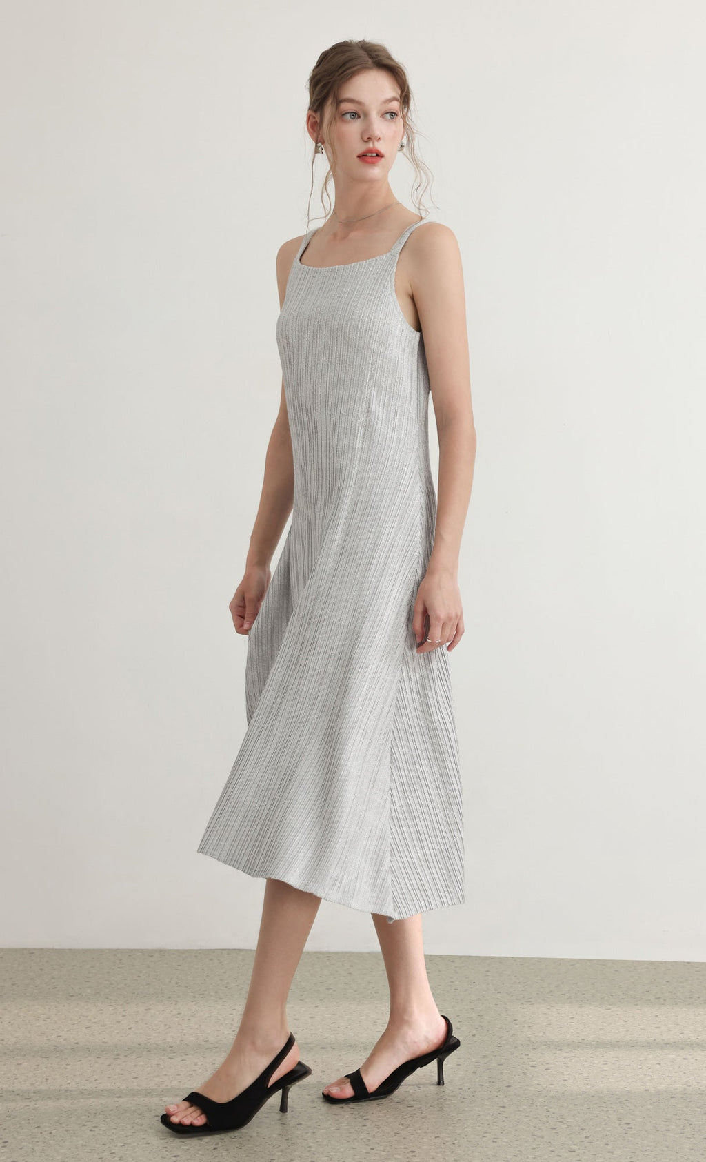 Tweed pleats sleveless flare dress_grey