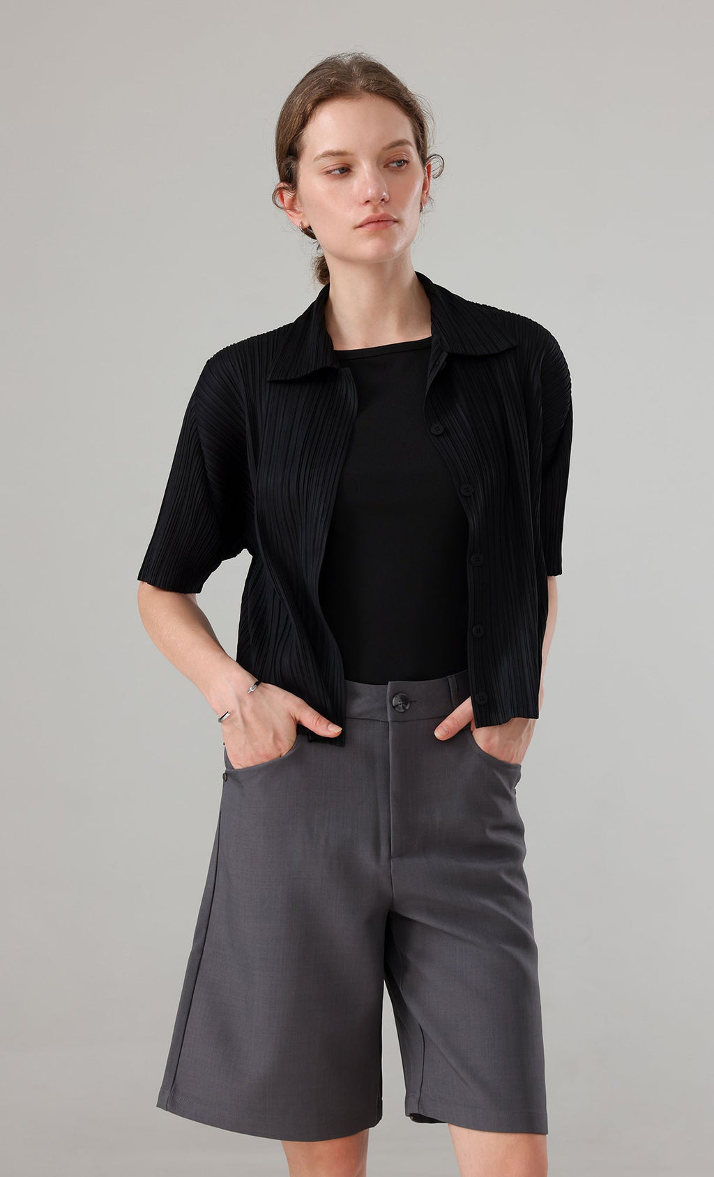 Palette collard pleated shirts_black