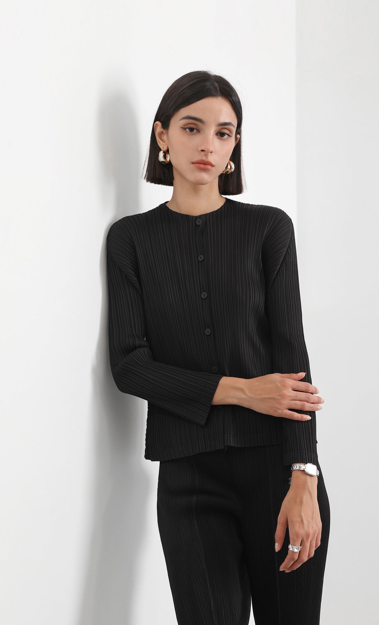 button basic pleated cardigan_black