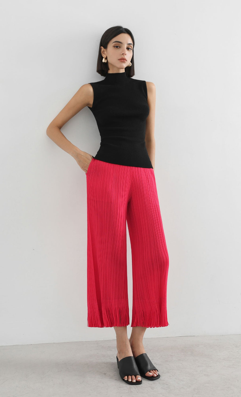 frill hem pleated pants_red