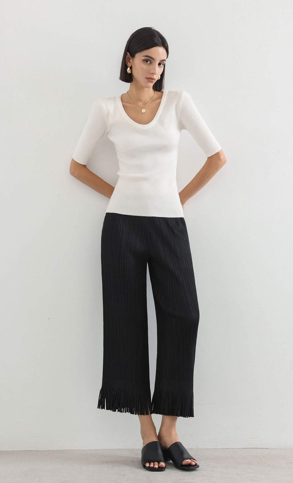 frill hem pleats pants_black